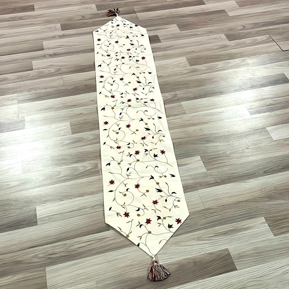 Beautiful Holiday table runner with tassels 78” long Red Green Off White
